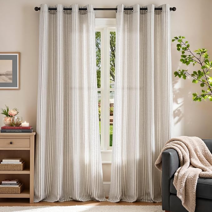 jinchan Linen Curtains 96 inch Taupe Grey Stripe on Beige Grommet 2 Panels | Curtains for Living Room Bedroom,Ticking Stripe Pattern,Pinstripe Farmhouse Rustic,Window Treatment,Light Filtering