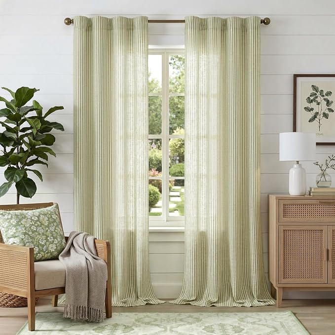 jinchan Linen Curtains 96 Inch Sage Green Stripe on Beige Back Tab 2 Panels | Curtains For Living Room Bedroom,Ticking Stripe, Farmhouse Cottage Core Rustic,Rod Pocket Window Treatment,Light Filtering