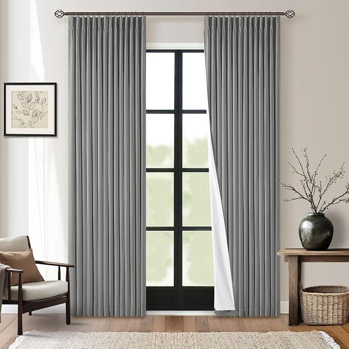 Grey Pleated Linen 100% Blackout Curtains for Bedroom Pinch Pleat Room Darkening Thermal Insulated Black Out Charcoal Ash Gray Curtain Drapes for Living Room Window 84 Inch Length 2 Panels Set