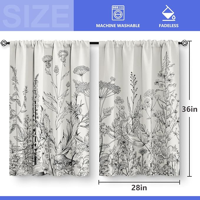 Aimego Flower Leaves Kitchen Curtains - Grey Floral Spring Rustic Plant Botanical Cafe Farmhouse Small Short Curtains for Bathroom Living Room Rod Pocket Window Drapes 36 Inch Length 2 Panels Set