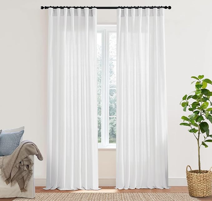 XTMYI White Curtains 96 Inches Long for Living Room Pleated with Heading Tape Hooks Solid Linen Light Filtering Semi Sheer Lightweight Curtains for Bedroom 96 Length 8FT Single One Pair Set