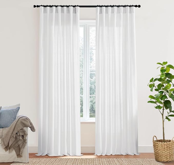 XTMYI White Curtains 84 Inches Long,Linen Semi Sheer Boho Light Filtering Textured Farmhouse Cotton Curtains for Bedroom Living Room 2 Panels Set,Back Tab Hooks Pleated