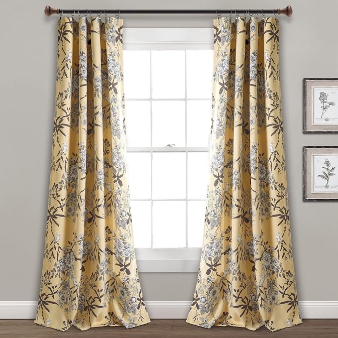 Lush Decor Botanical Garden Curtains Floral Bird Print Light Filtering Window Panel Drapes Set for Living, Dining, Bedroom (Pair), Navy, 52"W x 63L"