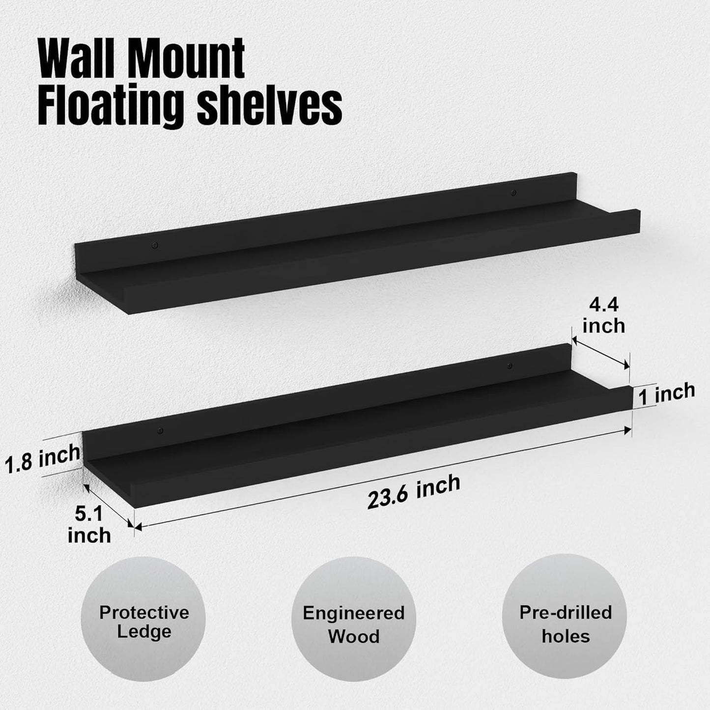 RICHER HOUSE 3 Set Floating Shelves for Wall, Black Wall Mounted Shelves with Lip for Storage, Display Picture Ledge Shelf for Bedroom Bathroom Kitchen Living Room Decor, Modern Black
