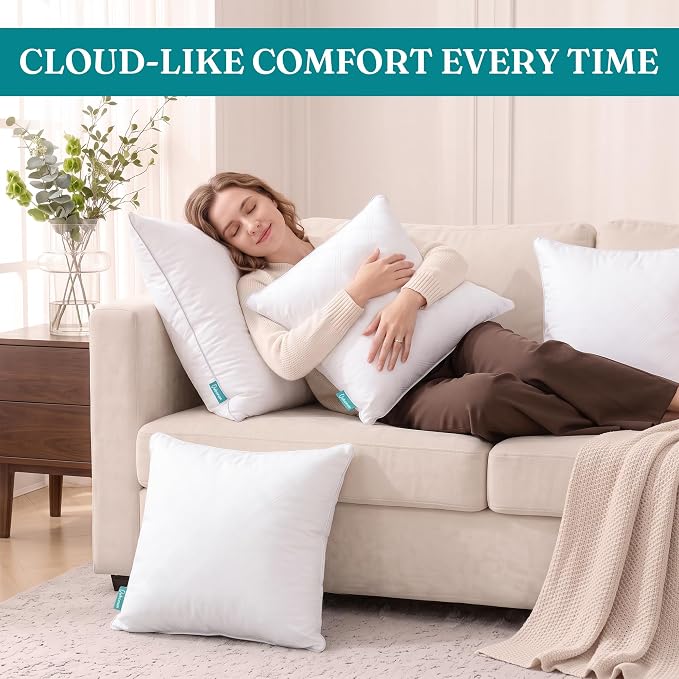 Oubonun 16 x 16 Throw Pillow Inserts Set of 2, Firm and Fluffy Decorative Pillows Inserts, Square Interior White Cushion for Couch Bed Sofa