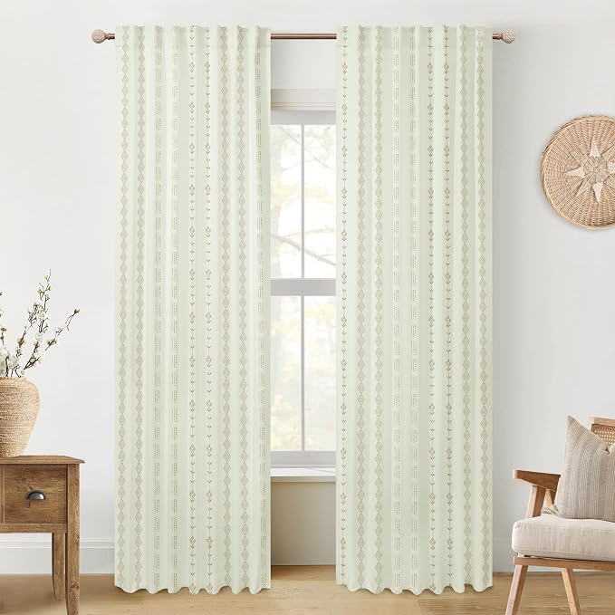 Farmhouse Curtains Semi Blackout, Cream and Tan Striped Drapes for Living Room Bedroom 96 Inch Long 2 Panel Set
