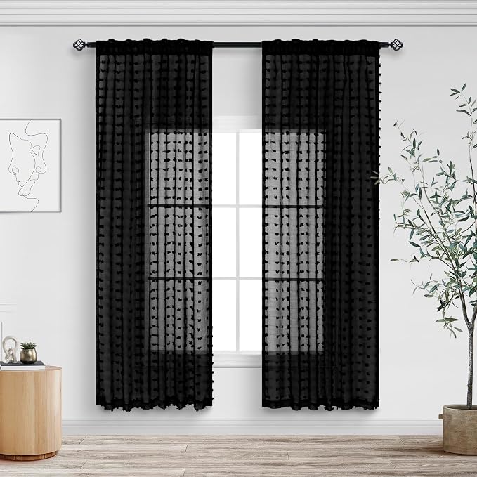 DANCURTON Black Sheer Curtains for Small Window Bedroom 63 Inch Length 2 Panels Pom Pom Tufted Design Boho Modern Chic Semi Sheer Black Curtains for Nursery Girls Kids Room Back Tab Rod Pocket 52x63
