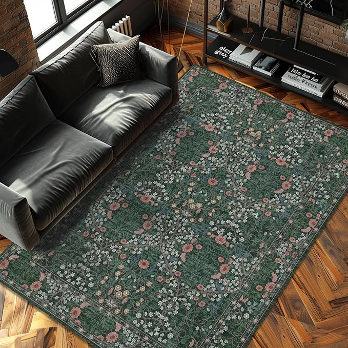 Vintage Green Living Room Rug, 5x7 Washable Area Rugs for Dining Room Under Table, Soft Low Pile Large Carpet Bedroom, Non-Slip Boho Floral (5 x 7 Green)