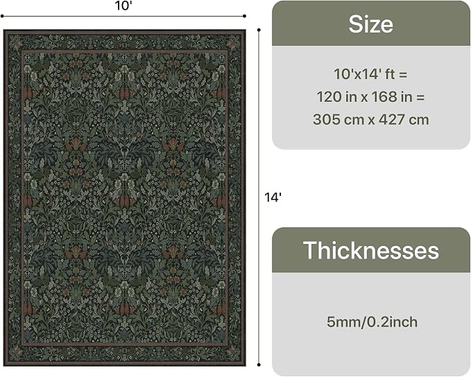 GENIMO 10x14 Large Washable Area Rug for Living Room, Non Slip, Dark Green | Vintage Boho Floral Low Pile Thin Carpet for Bedroom, Dining Room, Nursery, Indoor Decor