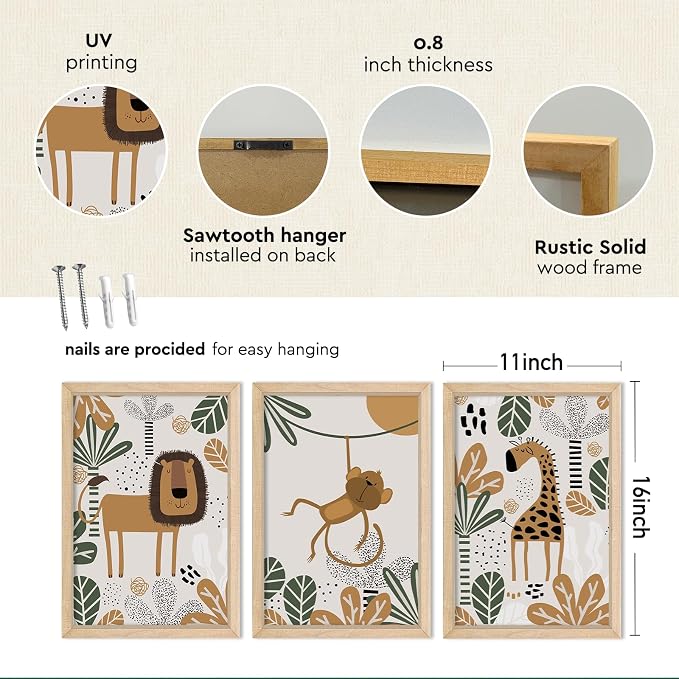 Safari Wall Decor Nursery Art Jungle 11x16 set of 3 Wood Frame for Kids | Animal Cartoon Lion Monkey Giraffe Prints, Baby/Toddler Room, Boho Jungle Theme