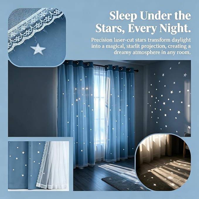 Kids Blackout Curtains for Bedroom/Living Room/Classroom, Sheer Overlay 2 Free Tiebacks, Double Layer Curtains with Star Cutout for Kids Room(Each Piece W70xL95 Inches 2 Pcs Stone Blue)