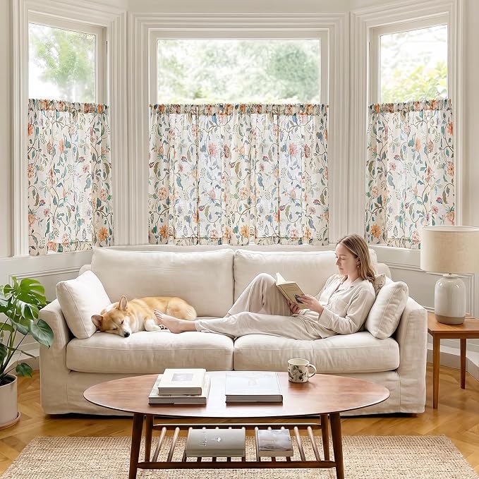 jinchan Hattie Floral Linen Kitchen Curtains 36 Inch Length Vintage Cottage Core Farmhouse Cafe Curtains Light Filtering Small Window Drapes for Living Room Bathroom Rod Pocket 2 Panels Beige