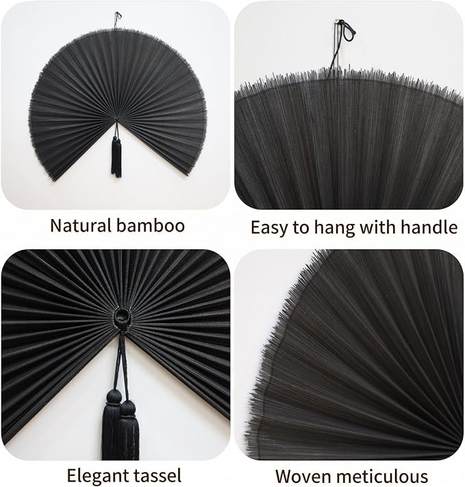 SUCHUBU Large Wall Fan Decor, 47" Handcrafted Bamboo Hanging Fan, Japanese Style Wall Art, Aesthetic Asian Decor for Fireplace, Natural Boho Wall Accent, Hanging Loop Included (Black, Large)