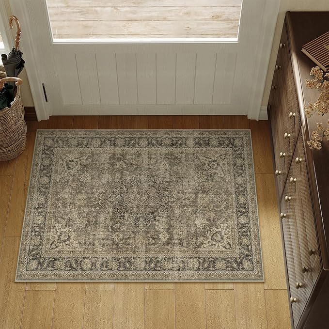 2x3 Washable Area Rug Brown Vintage Non Slip Soft Low Pile Small Rug for Entryway Kitchen Bathroom Distressed Oriental Throw Carpet for Living Room Bedroom Home Decor