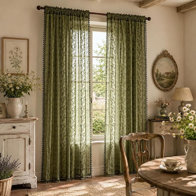 WAZZIO Boho Lace Curtains 2 Panels 84 Inch -Victorian Sheer Panel Drape French Country Floral Pattern & Tassel Light Filtering Privacy for Bedroom Dining Living Room,Coastal Decor,Olive Green,W52x L84