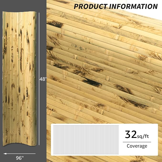 Art3d Natural Bamboo Wall Panel for Interior Wall Decor, Renewable Pole Wrap Wainscoting Paneling for Wall Ceiling Furniture Cabinet Office, 48 x 96 Inch - Light Burned