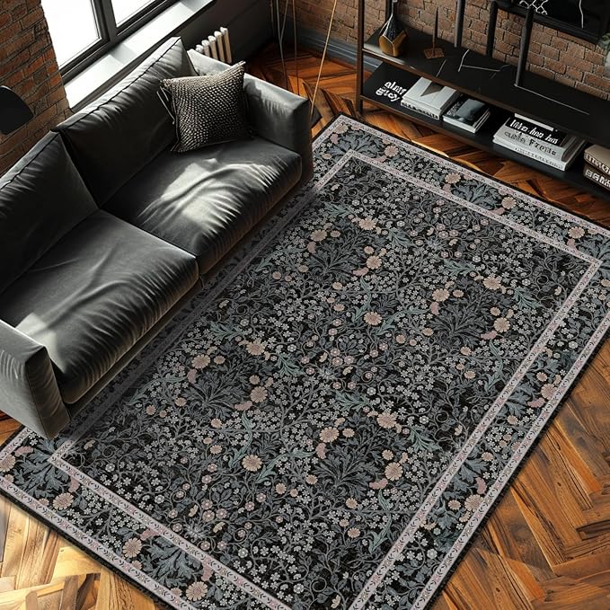 Vintage Black Living Room Rug, 6x9 Washable Area Rugs for Dining Room Under Table, Soft Low Pile Large Carpet Bedroom, Non-Slip Boho Floral (6 x 9 Black)