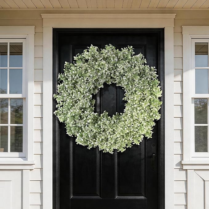 32" Large Artificial Boxwood Wreath for Front Door (White-Green) | Waterproof Fade Resistant,Premium Durable,Faux Aglaia Odorata Wreath,for Wall Window Farmhouse Outdoor All Seasons Decor
