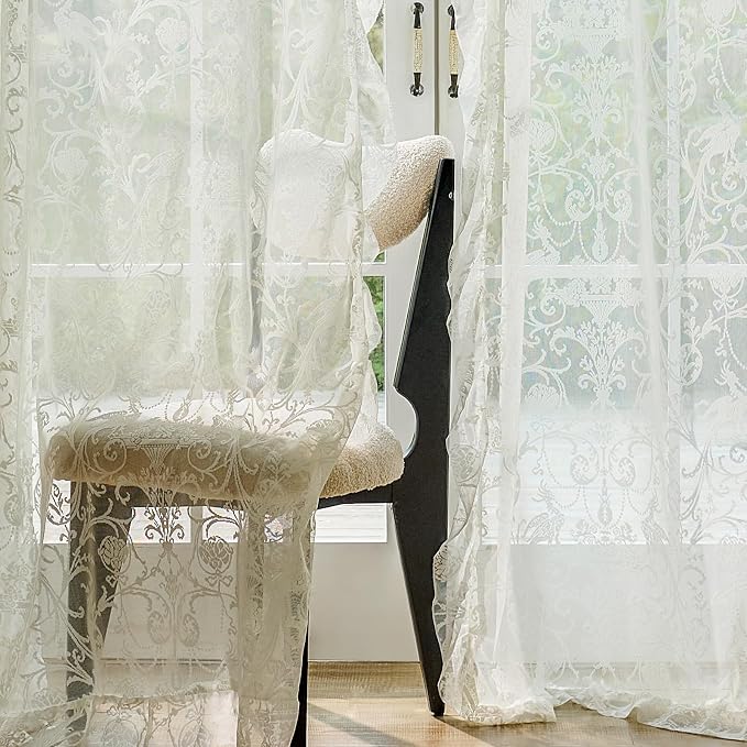 TUDECO Ruffle Curtains 2 Panels - Vintage Tulle Floral Lace Cream Sheer Curtains 84 Inches Long, Shabby Chic Decor, Rod Pocket Privacy Ruffled Drapes for Living Room, 59 x 84 Inch, Ivory