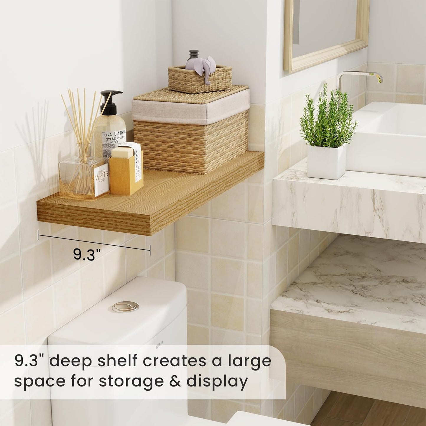 Fun Memories 24 Inch Floating Shelves for Wall, 9 Inch Deep Oak Rustic Wood Wall Mounted Shelves for Bathroom, Kitchen, Living Room, Set of 2