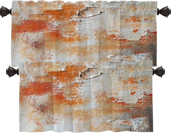 Shrahala Brushstrokes of Paint Blackout Short Curtains for Windows, Orange Grey Canvas Texture Kitchen Valance Thermal Insulated Rod Pocket Window Treatment for Bathroom 2 Pack 52 X 18 in