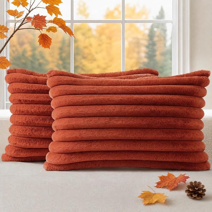 decorUhome Fall Cozy Faux Fur Throw Pillow Covers 12x20 Set of 2 Decorative Soft Plush Striped Lumbar Modern Farmhouse Boho Couch Pillow Cases with Velvet Back for Sofa Bed Living Room, Rust