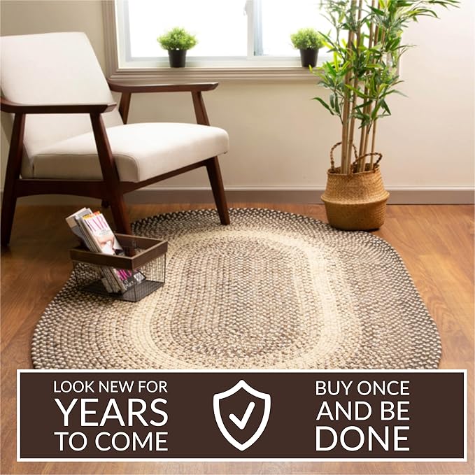 Super Area Rugs Large Braided Rugs 8X11 Farmhouse Living Room Rug - Ridgewood Braided Rug for Bedroom - Reversible Woven Rugs - Indoor/Outdoor - Made in USA - Brown Velvet/Beige, 8' X 11' Oval