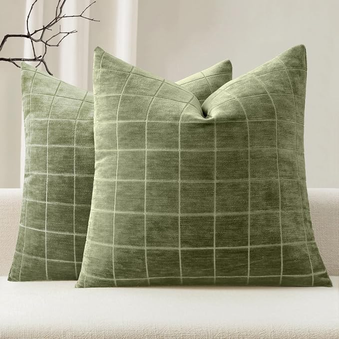 MIULEE Sage Green Plaid Decorative Throw Pillow Covers 20x20 Set of 2 | Vintage Check Chenille Couch Pillows Neutral Boho Farmhouse Cushion Covers Modern Home Decor for Sofa Bed Living Room