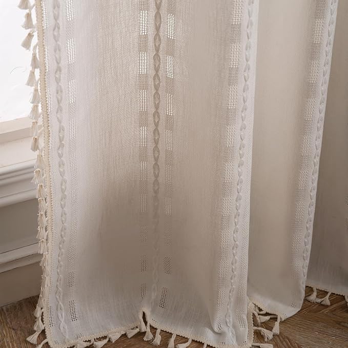 Deeprove Cream White Boho Curtain 84 inches Length for Living Room Bedroom Nursery Doorway Cream Bohemian 84 inches Long Western Stripe Embroidery Privacy Window Fringe Decor W52 x L84, 1 Panel