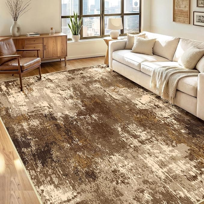 RELEANY Washable Area Rugs 5'x7' Non-Slip Modern Abstract Soft for Living Room Entryway Bedroom Kitchen, Print Pattern, Brown Tan Beige Coffee