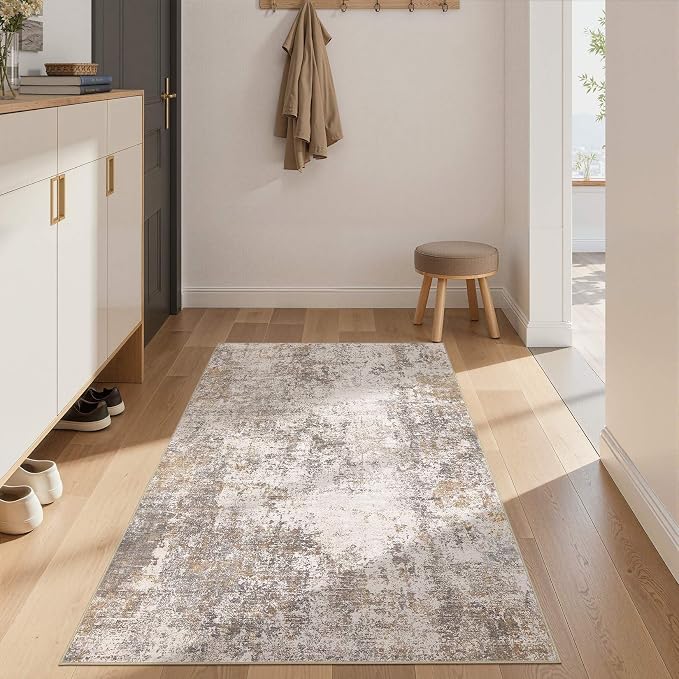 Area Rugs for Living Room: 3x5 Abstract Washable Rug Modern Neutral Large Soft Stain Resistant Non-Slip Backing Machine Table for Bedroom Dining Room Indoor Home Office Carpet - Brown Grey