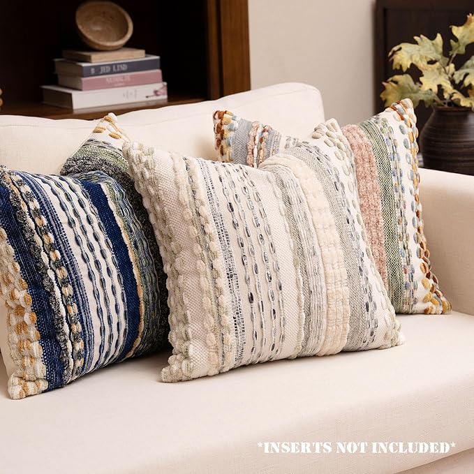 Boho Chenille Tufted Throw Pillow Covers 18x18 Inch Set of 2 Farmhouse Cream White Woven Striped Decorative Pillowcases for Couch Sofa Bed