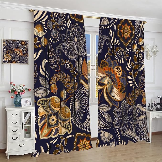 Indian Boho Curtains, Mandala Design Colorful Boho Floral Paisley Curtains, Bedroom Living Room Blackout Decorative Curtains, 2 Panel Set, 42x54 Inch.