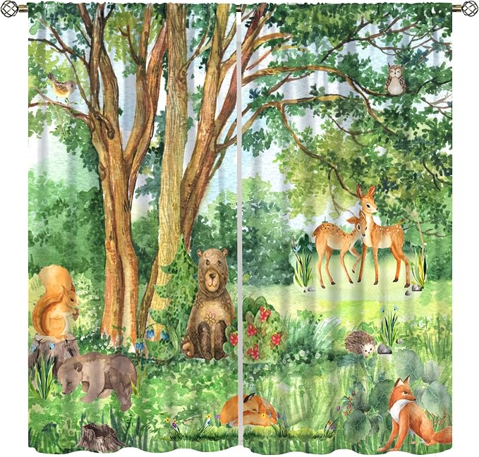 YCness Forest Animal Curtains, Watercolor Wild Animal Bear Fox Deer Kids Window Treatments for Living Room Bedroom,Green Woodland Tree Kids Drapes 2 Panel Sets,52x84 Inch