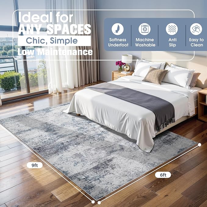 6x9 Area Rugs for Living Room Rug Washable: Abstract Rug for Dining Room Bedroom Carpet Non Slip 6 by 9 Indoor Modern Nursery Home Office Blue Grey