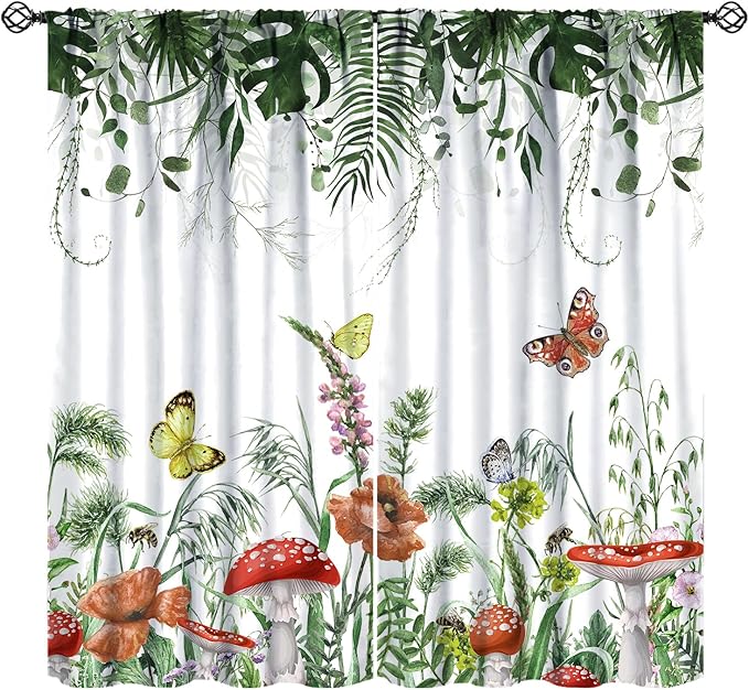 Red Mushroom Curtains,Boho Green Plant Butterfly Bee Wildflower Window Drapes,Summer Eucalyptus Leaf Tropical Vintage Window Treatment for Living Room Bedroom Cafe Kitchen 42x54 Inch