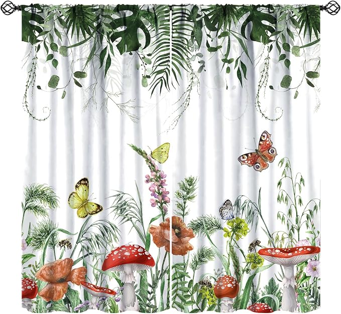 Red Mushroom Curtains,Boho Green Plant Butterfly Bee Wildflower Window Drapes,Summer Eucalyptus Leaf Tropical Vintage Window Treatment for Living Room Bedroom Cafe Kitchen 42x45 Inch