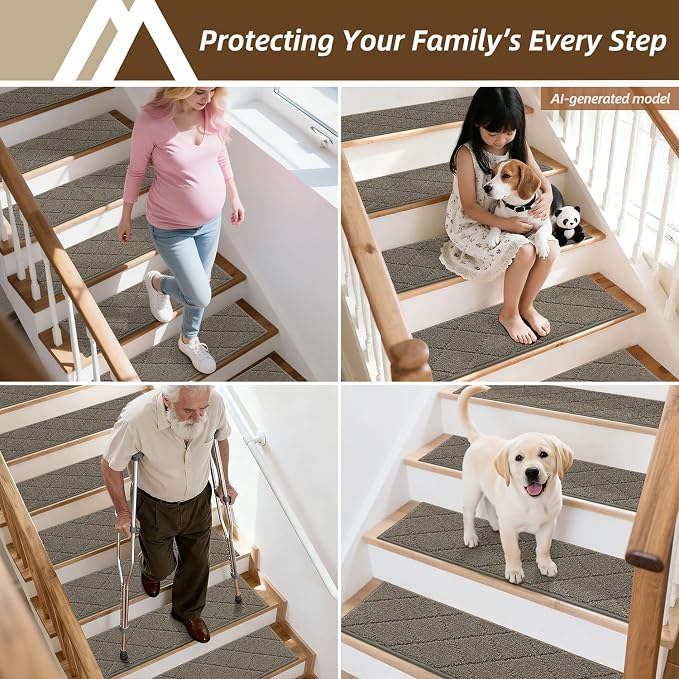 COSY HOMEER Stair Treads for Wooden Steps 9"x28" Washable Indoor Carpet Stair Treads Non Slip Soft Polyester Stair Carpet Tread Reusable Stair Runner Rugs for Kids, Elders,Pets,Light Brown,15pcs