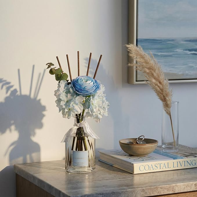 COCORRÍNA Reed Diffuser - Mint & Eucalyptus 8.5 Fl.oz Flower Reed Diffuser with Sticks, Bedroom Bathroom Shelf Decor (Floral Basket Collection)