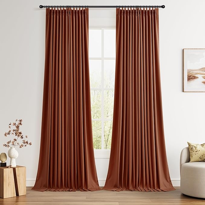 Pinch Pleated 100% Blackout Linen Curtains 120 Inches Long Insulated Thermal Soundproof Full Blackout Drapes for Bedroom Living Room Darkening Extra Long Terracotta Pinch Pleat Linen Curtains 40x120