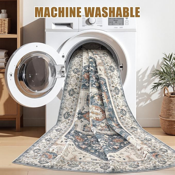 8x10 Area Rugs for Living Room - Large Carpet Ultra Thin Soft Washable Oriental Vintage Floral Distressed Rug Big Indoor Carpets for Bedroom Nursery Dorm Home Decor Aesthetic - Vintage Blue