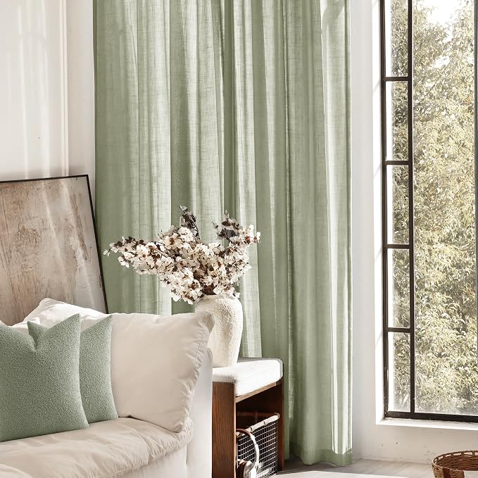 Linen Blend Sage Green Curtains 90 inch Length 2 Panels for Bedroom Back Tab Light Filtering Semi Sheer Drapes Linen Cotton Textured Light Green Airy Modern Farmhouse Living Room Sage Aesthetic Decor