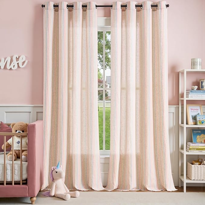 jinchan Linen Curtains for Living Room, Candy Striped Curtains 96 inch Length for Baby Girls Kids Room, Ticking Stripe Pattern Light Filtering Nursery Drapes, grommet Window Treatments, 2 Panels Candy