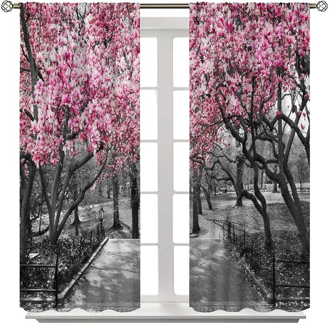 Cherry Blossom Forest Blackout Curtains for Kitchen,Vintage Rustic Pink Cherry Blossom Trees Forest Nature Landscape Window Treatments Print for Girls Kids Bedroom Living Room 42x54in