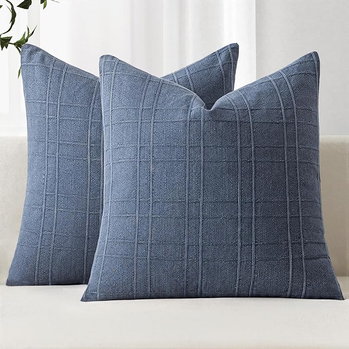 MIULEE Decorative Linen Check Throw Pillow Covers Neutral Farmhouse Vintage Pillow Covers 16x16 Set of 2 Boho Modern Home Decor for Sofa Couch Bedroom Cushion Blue