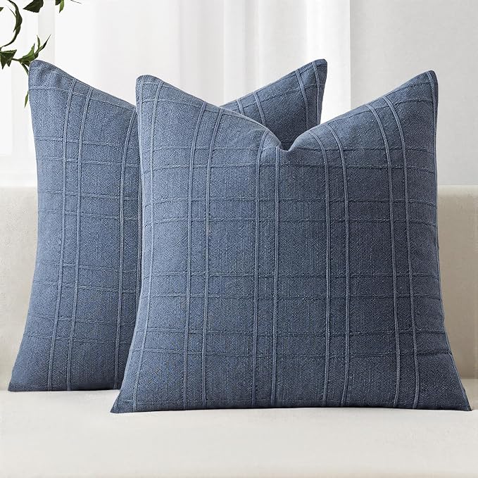 MIULEE Decorative Linen Check Euro Shams Throw Pillow Covers Neutral Farmhouse Vintage Pillow Covers 28x28 Set of 2 Boho Modern Home Decor for Sofa Couch Bedroom Cushion Blue