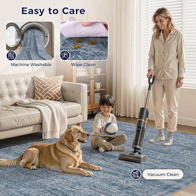 DMOYEST Area Rug Living Room Rugs - 8x10 Washable Large Soft Indoor Neutral Modern Abstract Low Pile Rug Carpet for Bedroom Dining Room Farmhouse Home Office - Dark Blue