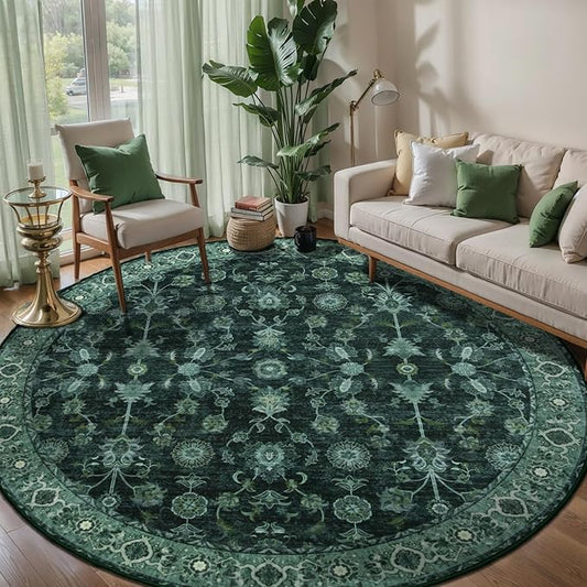 Tangsoo Vintage Round Rug 5ft Washable Circle Rug, Non Slip Boho Round Area Rug, Low Pile Green Floral Circular Rugs,Machine Washable Round Carpet for Bedroom,Livingroom,Nursery,Dorm,Office,Dinning