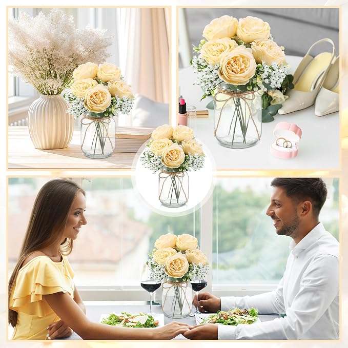 Zeyune 12 Sets Mason Jar Centerpiece Table Decorations, Artificial Peony Baby's Breath Flower Bouquets, Faux Flowers with Vase, Rustic Decor Gifts for Home, Wedding, Holiday (Champagne)