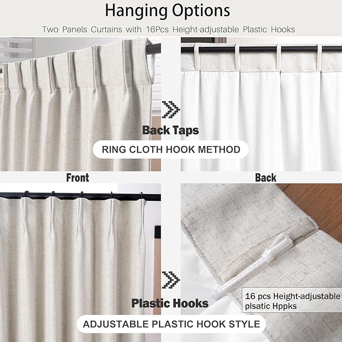 IVAPUPU Natural Pinch Pleated 100% Blackout Curtains Linen Blend Room Darkening Window Curtains 1 Panel for Living Room Bedroom Thermal Insulated Curtain Drapes with 12 Pcs Hooks 60''Wx112''L